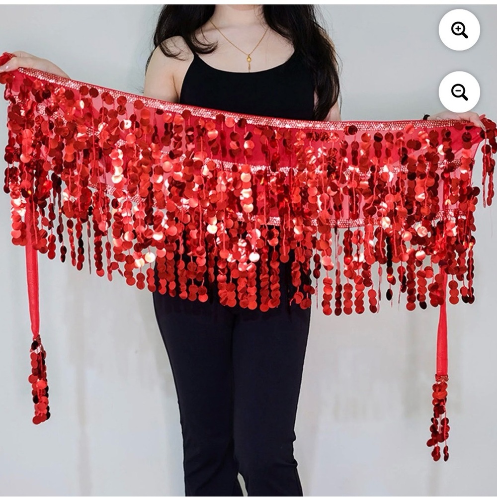 Red Sequin Tassel Fringe Wrap Skirts Belly Dance Hip Scarf - Picture 2 of 4